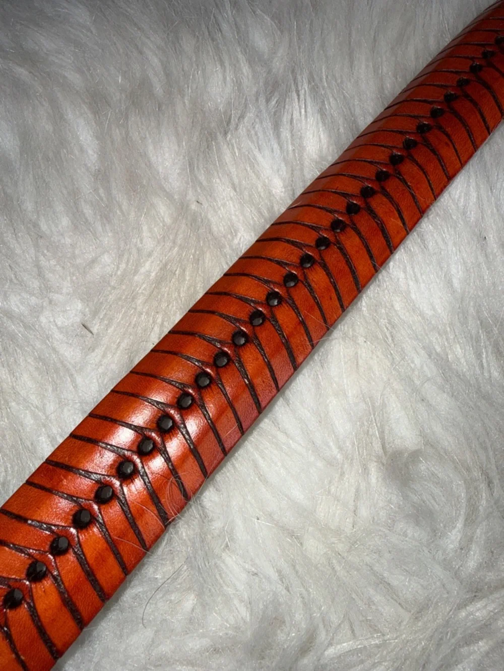 Burnt orange brown fishtail herringbone leather belt Mexican brass buckle 56